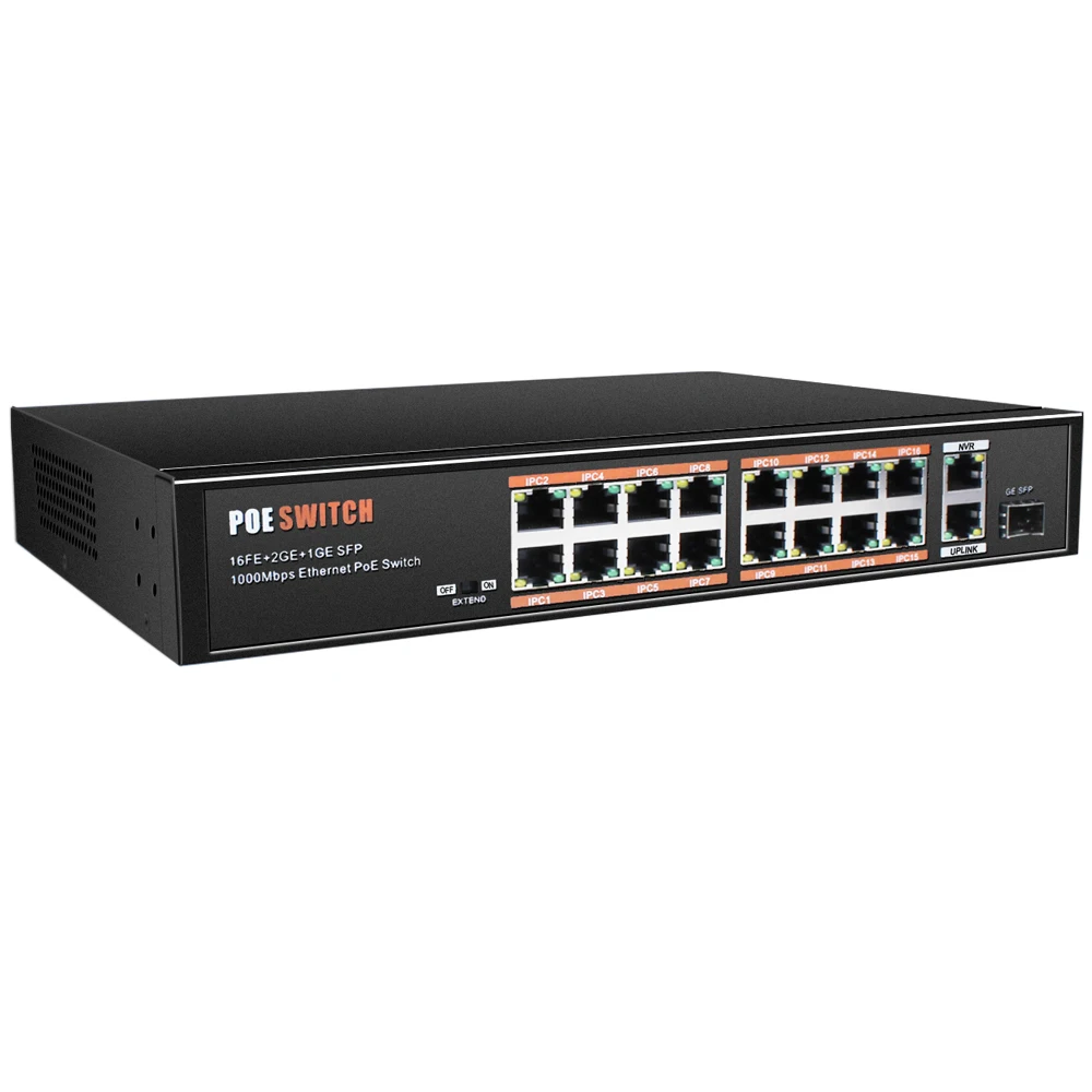 

BESDER 16CH PoE Switch 1000M Uplink PoE Switch Support IEE802.3af/at With 16 PoE Port 250M Long Transmission For PoE IP Cameras