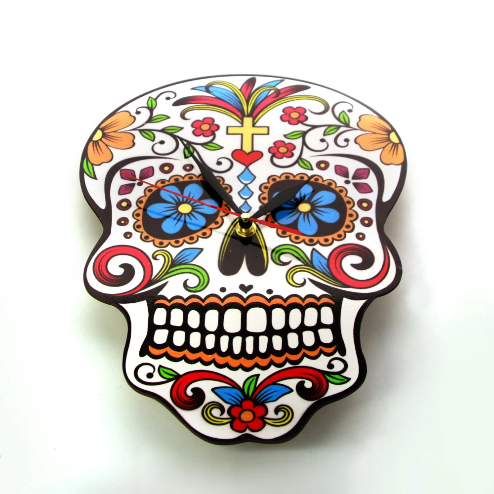 Mexican Dia De Los Muertos Day of the Dead Wall Clock Floral Skull Silent Quartz Watch Candy Sugar Skull Halloween Wall Decor