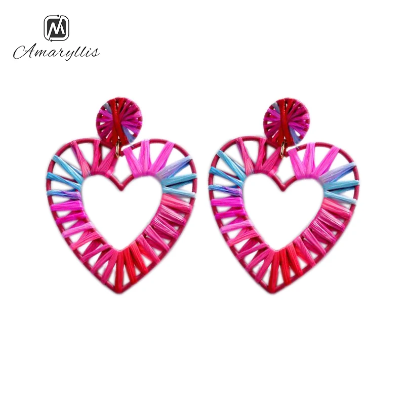 Amaiyllis Big Heart Stud Earrings For Women Handmade Rafia Grass Weaving Hollow Geometric Earrings Boho Beach Statement Earrings