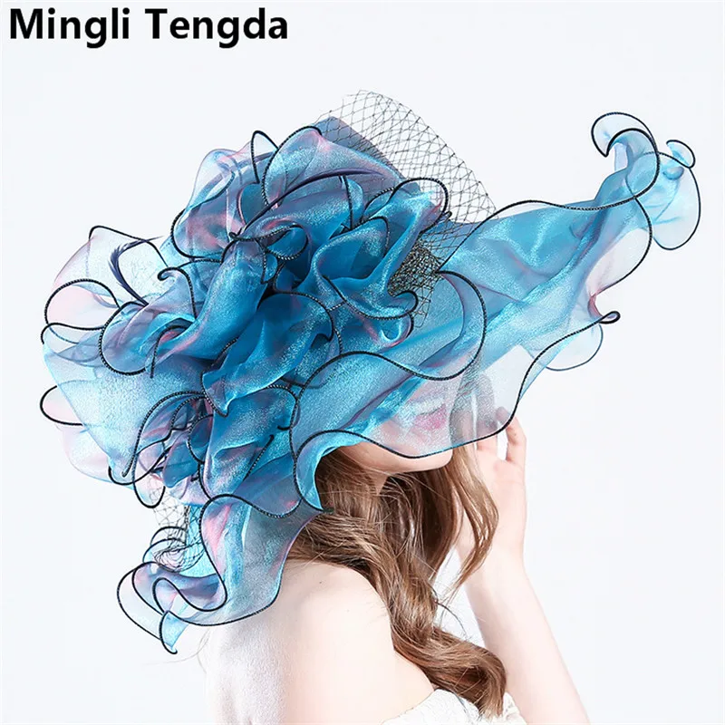 Blue Organza Shade ขนาดใหญ่หมวกผู้หญิงดอกไม้ตาข่ายแฟชั่นหมวกทองเจ้าสาวหมวก Feather หมวกหมวกสีแดง mingli Tengda ใหม่