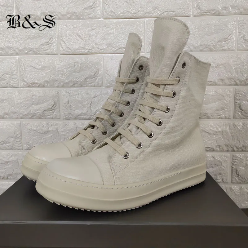 

Black& Street white canvas lace up high model flat trainer Boots small white comfortable sneaker main sew line shoes