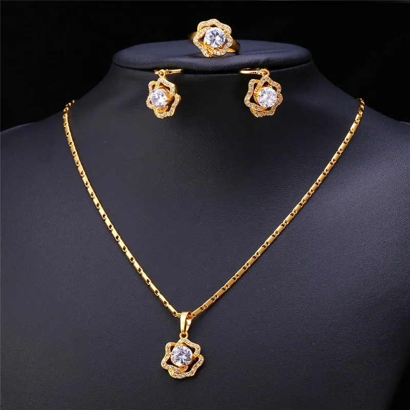 U7 Cubic Zirconia Wedding Jewelry Sets For Women Yellow Gold Color Rose Flower Earrings Ring Necklace Set For Women S727