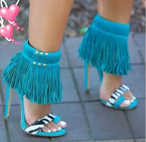 Hot Selling 2017 Blue Rose Red Fringe Sandals High Heel Gladiator Women Sandal Boots New Fashion Dress Party Summer Shoes Woman