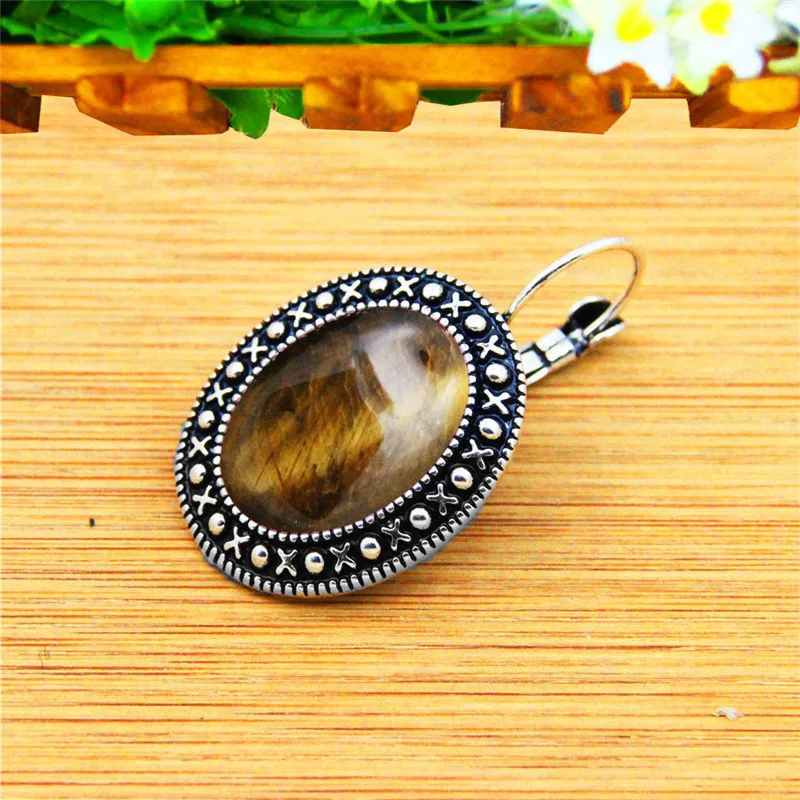 Natural Tiger Eye Stone Earrings Vintage Pendant Earrings For Women Antique Silver Plated Stone Fashion Jewelry