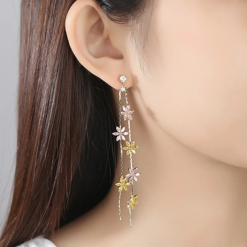 LUOTEEMI Two Layers Small Cute Flowers Long Drop Earring for Women Girl Daily Wearing Silver Color Accessories Christmas Gifts