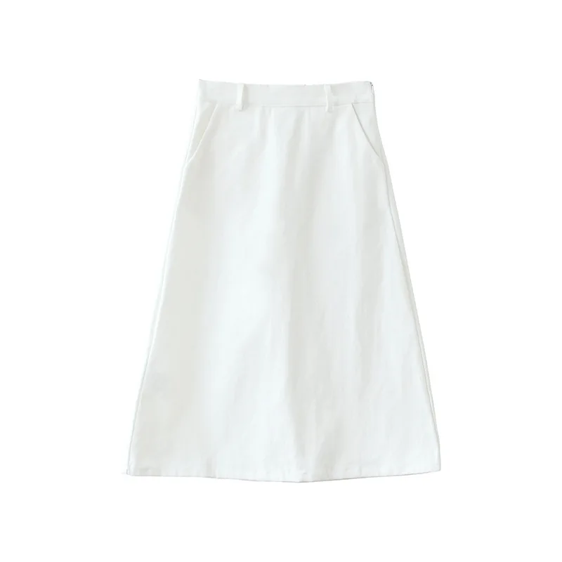 Basic Cotton Midi Skirt High Waist Women Denim Skirts White s,m,l