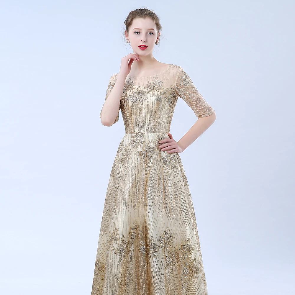 Ladybeauty Nieuwe De Banket Avondjurk Eenvoudige Elegante Champagne Half Mouwen vloer-lengte Formele Party Gown Robe De Soiree