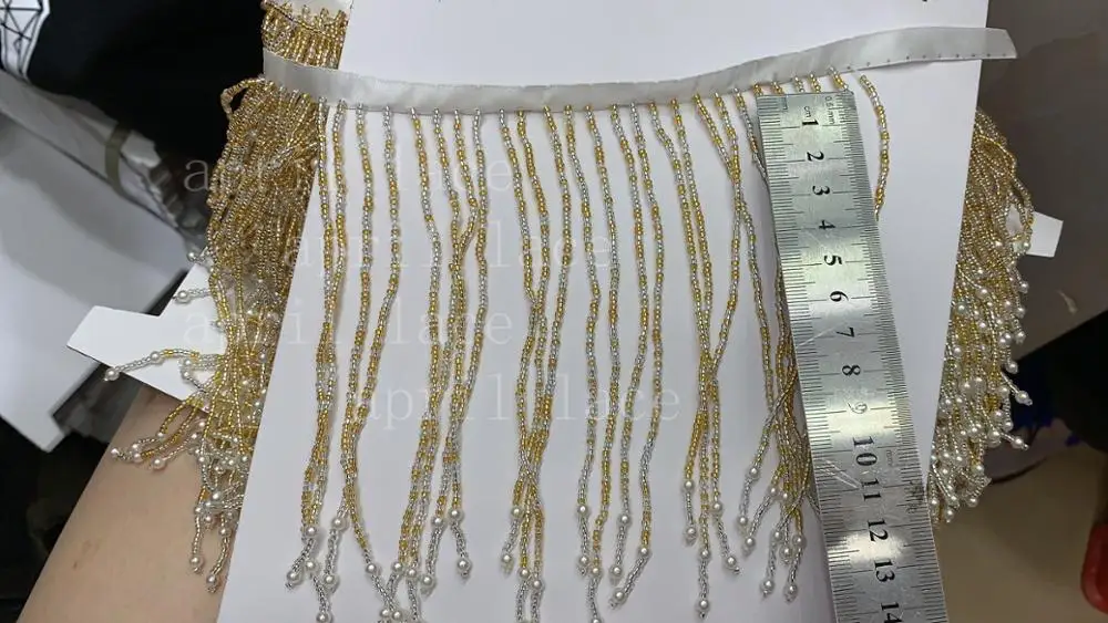 cou001# 10  yards/bag 12-13 cm width golden  beads ribbon fringe tassel for garment/decorative/home/wedding bridal gown dress