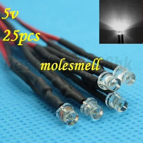 무료 배송 25pcs 3mm 5v 플랫 탑 화이트 LED 램프 라이트 세트, 사전 유선 3mm 5V DC 유선 3mm 빅/와이드 앵글 화이트 5v led