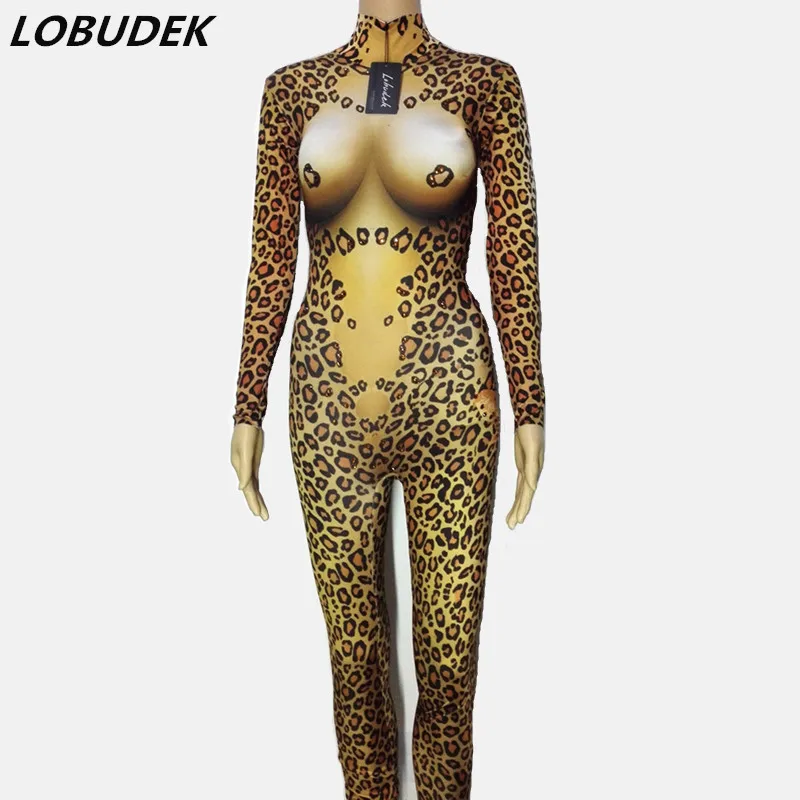 

Leopard Printing Rhinestones Skinny Jumpsuit Women Role Playing Cosplay Costume Nightclub Bar DJ Dancer Festival Rave Leotard