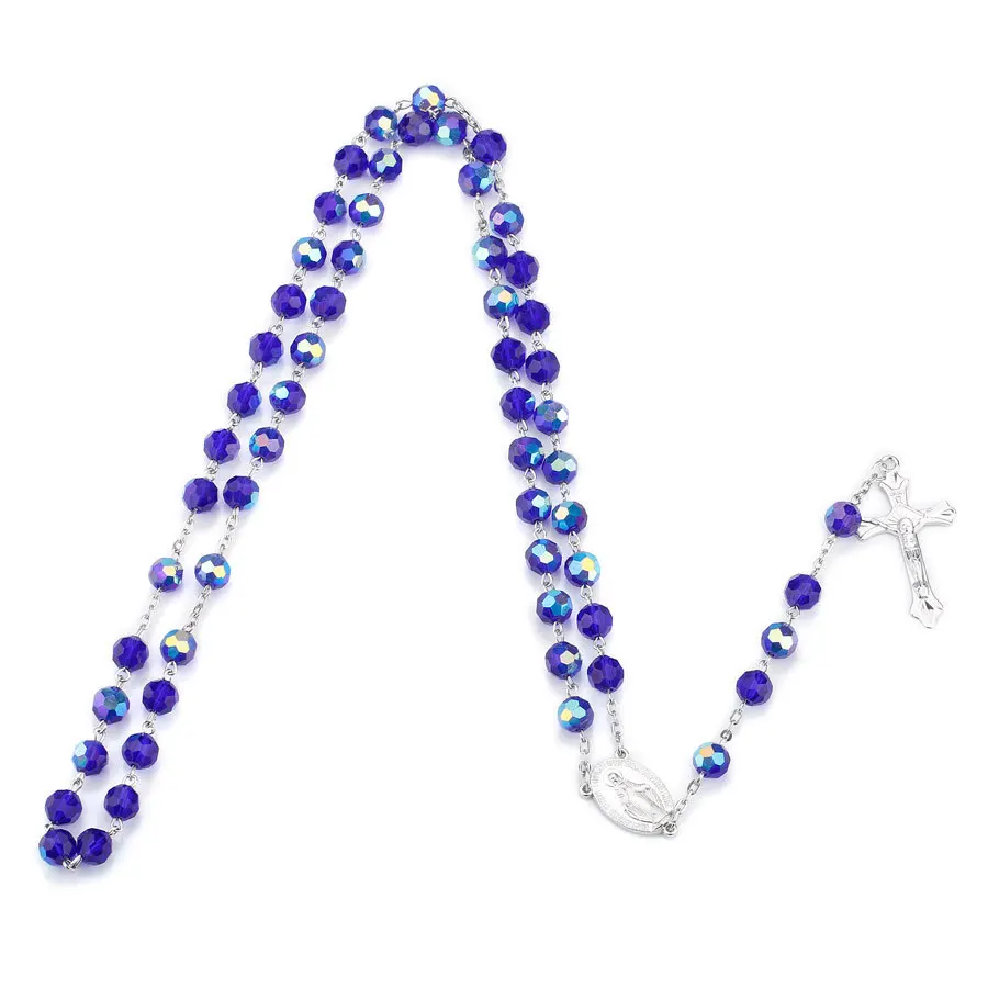 Blue Crystal Beads Rosary Necklace Jesus Christ Crucifix Cross Pendant  Long Necklaces for Religious Christians Mother Gift