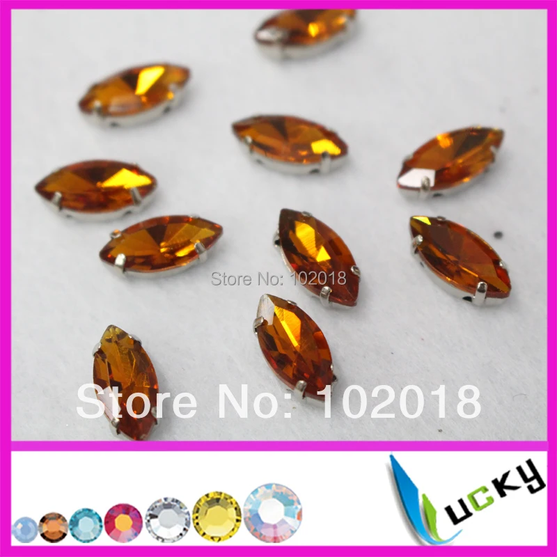 New 2014! 100pcs 7*15mm point back Horse eye Navette Sew on rhinestones smoked topaz  fancy crystal with metal claw