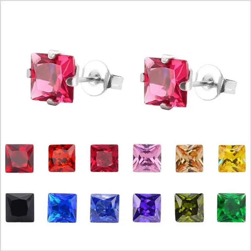 Earrings With 4mm AAA Colorful Square Zircons 316l Stainless Steel Earring IP Plating No Fade Allergy Free