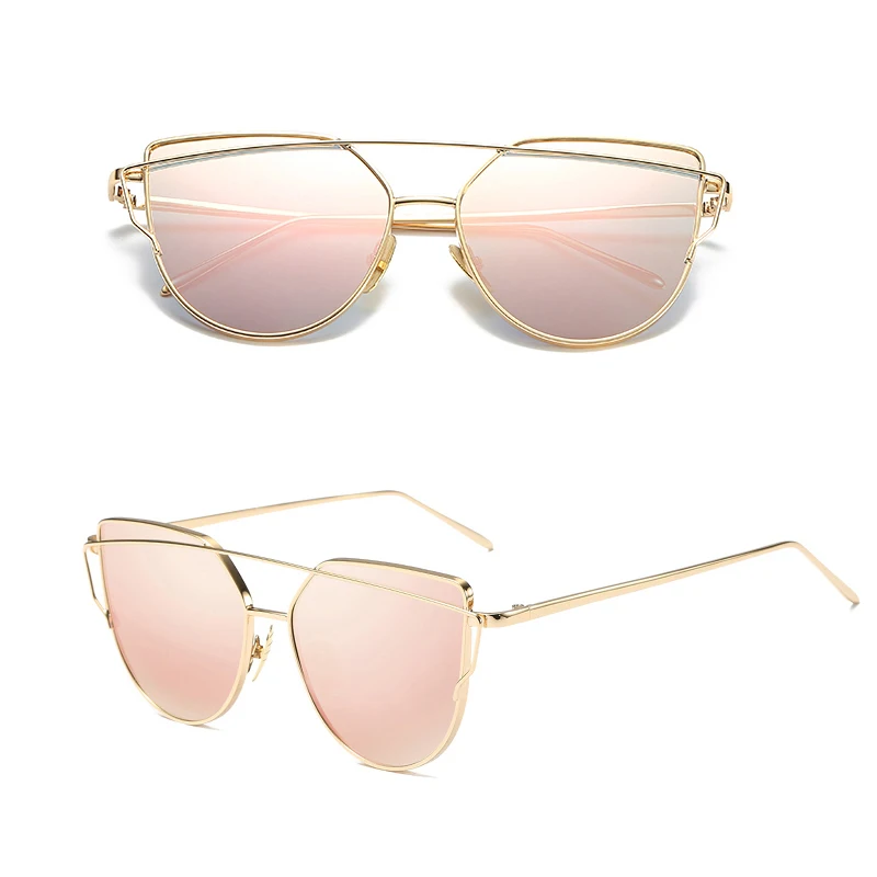 New Fashion Cat Eye Vintage Rose Gold Mirror Woman\'s Sunglasses Metal Reflective Flat Lens Tourism Sunglasses Multi-color style