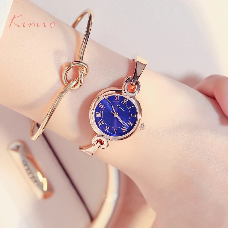 KIMIO Women Bracelet Watch Simple Blue Ladies Dress Watches 2017 Rose Gold Plated Fine Stainless Steel Strip Quartz Wristwatches