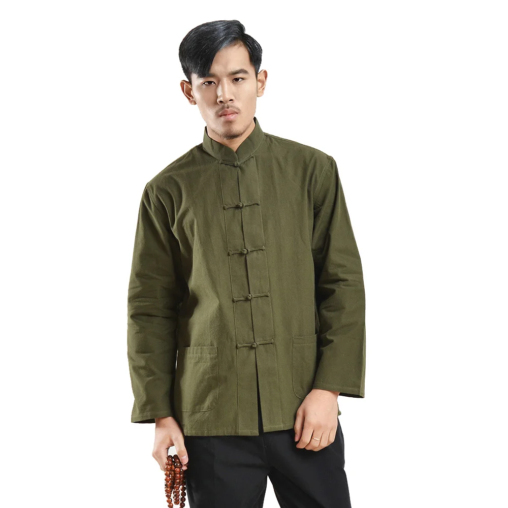 Manica lunga 100% cotone abiti tradizionali cinesi Tang Suit Top Kung Fu Tai Chi uniforme primavera autunno camicia camicetta cappotto per uomo