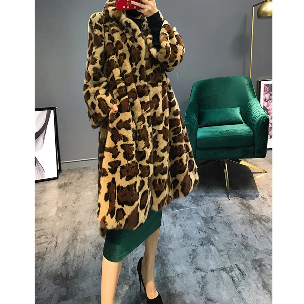 Denny&Dora New Women's Imported Mink Fur Coat Thick Warm Fur Jacket Whole Leather Fur Coat Women's Long Leopard Fur Outwear