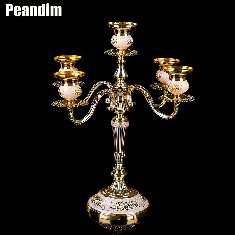 

PEANDIM Свадебные Золотой центральный элемент 5-руки Позолоченные лампы в форме свечи из неблагородного металла подсвечники вечерние украшения дома