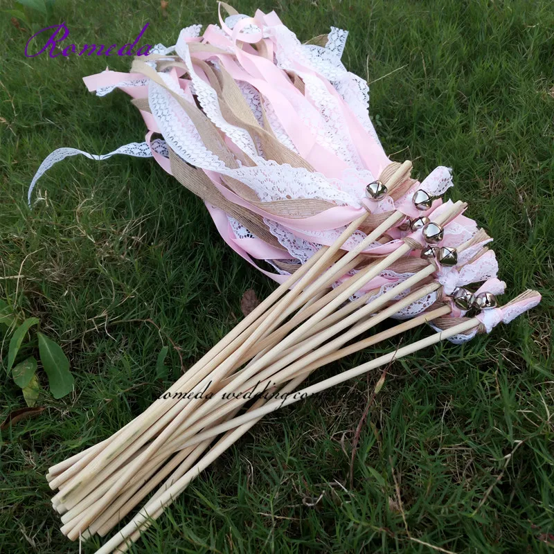 

Hot selling 50pcs/lot Pink + jute + lace wedding Ribbon Wands stick Confetti Stream with big sliver Bells for wedding party