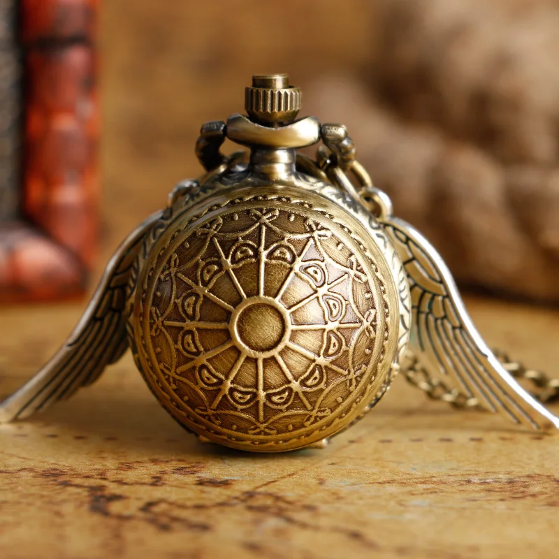 Xmas Gift Pocket Watch Steampunk Bronze Ball Shape Full Hunter Bronze Copper Wing Modern Web Pattern Womens Kids Necklace Chain