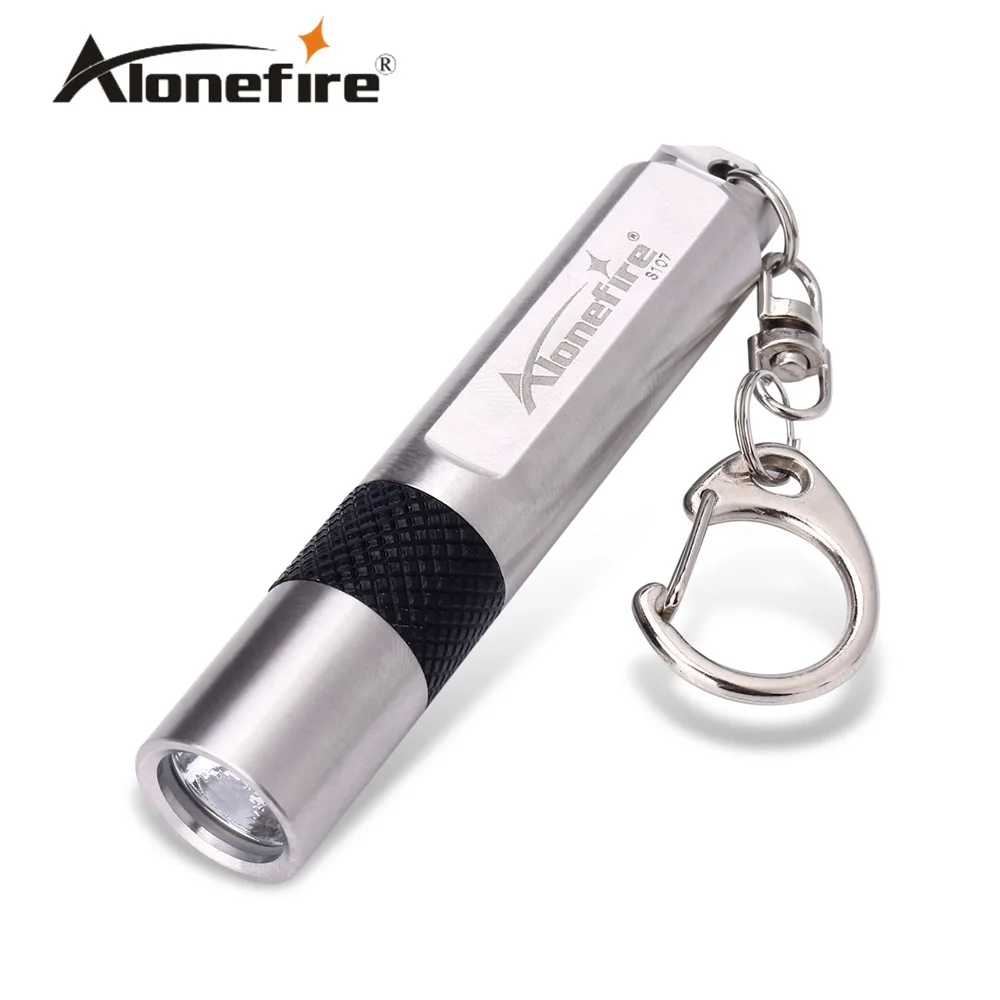 ALONEFIRE S107 Mini LED Flashlight Stainless steel waterproof 3 Mode Mini Keychain light for AAA or 10440 Rechargeable batteries