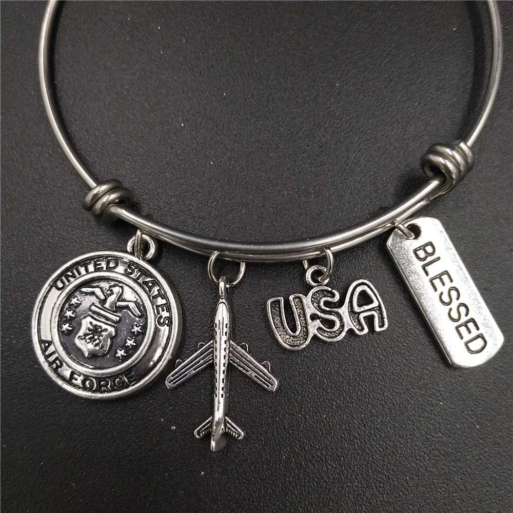2.5inch Diameter USA Military Medal USAF Air Force Charm Stainless Steel Adjustable Wire Bangle Wife Mom Bracelet Wholesale Bulk