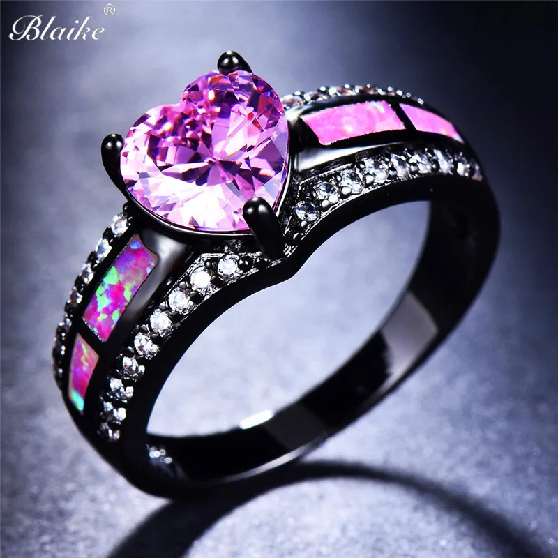 Pink Heart Zircon Single Row Pink Fire Opal Rings For Women Black Gold Color Fashion Engagement Jewelry Halloween Gifts