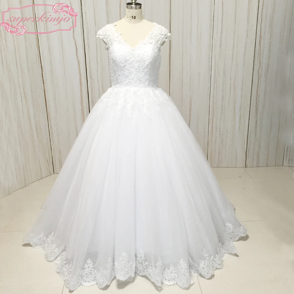 Vestido de noiva 2020, vestidos para baile de casamento, gola em v, apliques de renda, lantejoulas, cauda