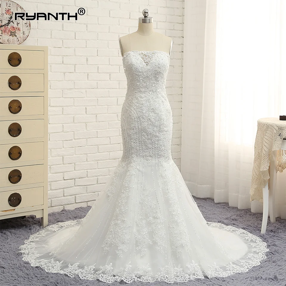 Robe De Mariage Sparkly Lace Mermaid Wedding Dress 2022 New Arrival Lace Up Back Strapless Wedding Gowns Custom Made Bridal Gown