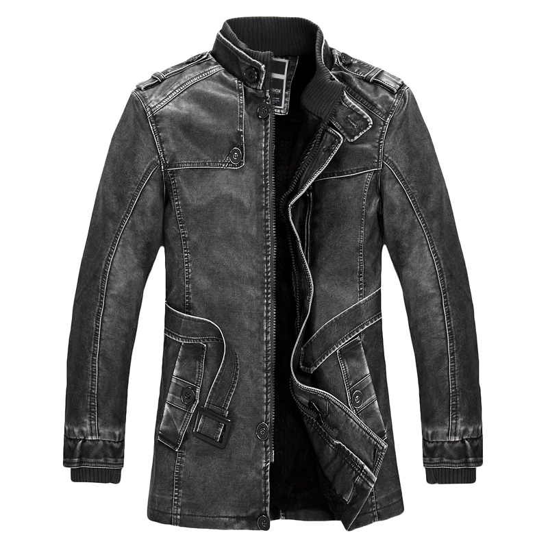 Winter Leather Jacket Mens Casual Warm Mens Long Leather Trench Coat Washed PU Leather Motorcycle Jacket Plus size 3XL