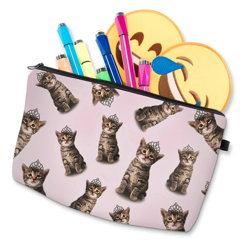 Hot Sale Women Ladies Cosmetics Organizer Beauty Case Cute Crown Cats Pattern Travel Makeup Bags Zipped Toiletry Bag Necessaire