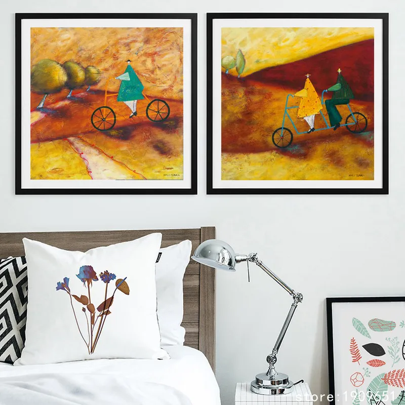 cotton no frame pastoral cartoon man ride bicycle canvas printings oil painting printed on cotton wall art decoration picture