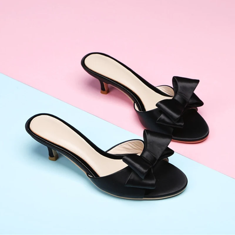 US4-9 New Real Leather Silk Shoes Womens Summer Low Heels Outdoor Slides OL Casual Slipper