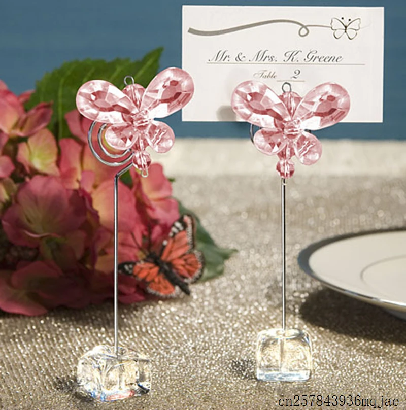 

50pcs Exquisite Pink Crystal Card Clips Butterfly Place Name Card Holders Table Name Number Card Holder