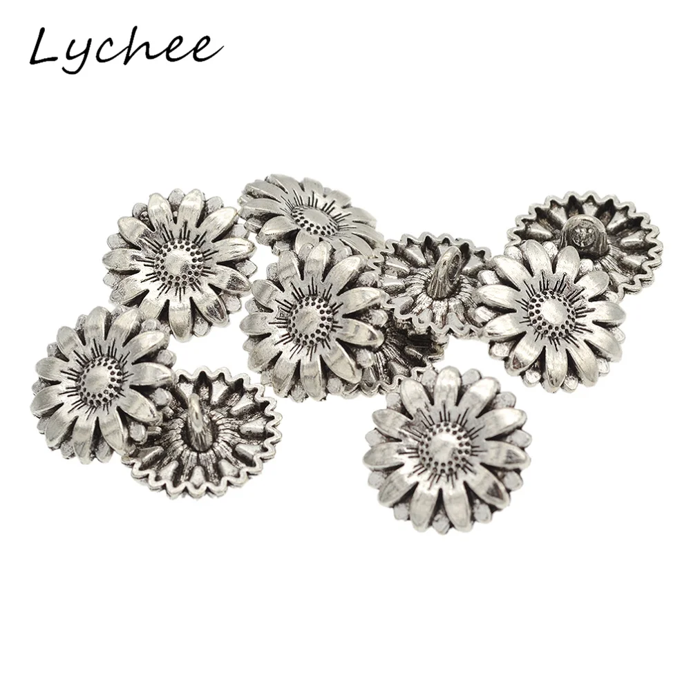 Lychee 10 pcs Creativo Argento Antico Fiore di Girasole Gambo di Metallo Bottoni Per La Decorazione Artigianato Vestiti Delle Donne Pulsante