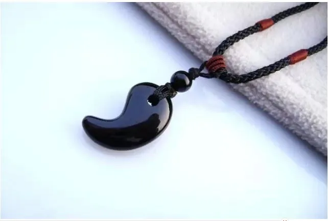 Natural  Obsidian Crystal Shinto Magatama Amulet Pendant