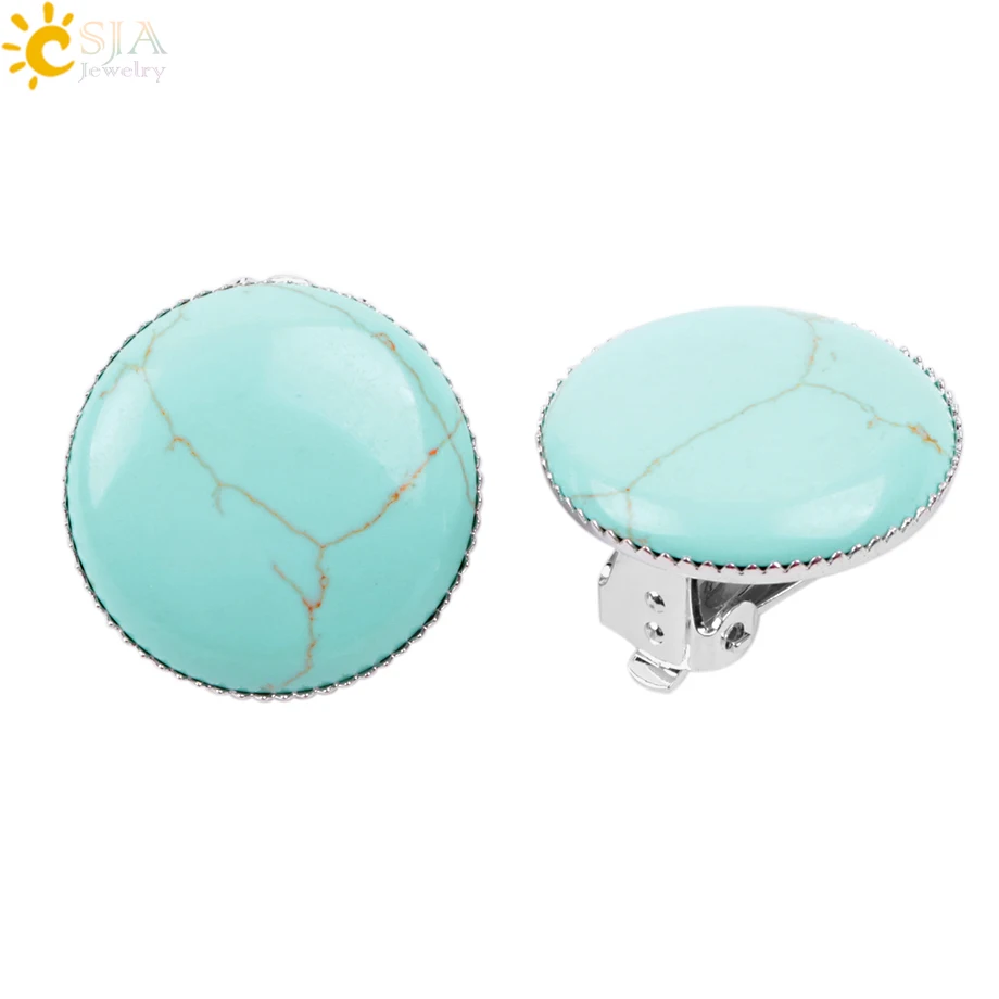 CSJA Wholesale Women Girl Summer Jewelry Round Natural Stone Bead Clip on Earrings for No Pierced Hole Ears E167