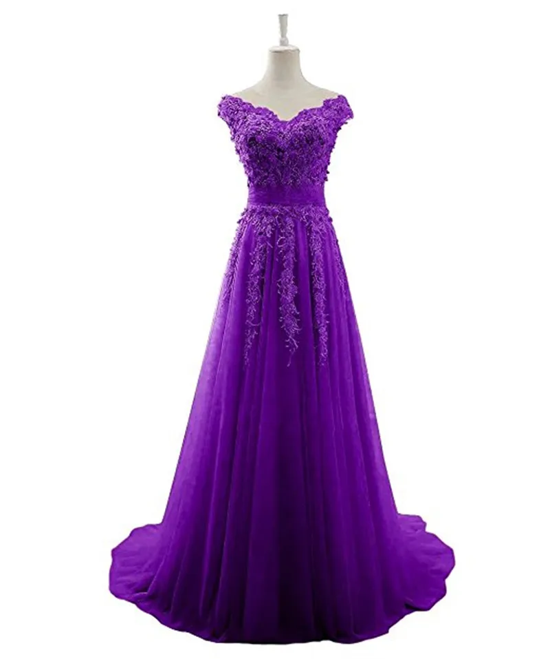 Gardlilac Tulle A-Line Long Bridesmaid Dress Applique Cap Sleeve Wedding Party Dress V-neck  Prom Dresses for Wedding