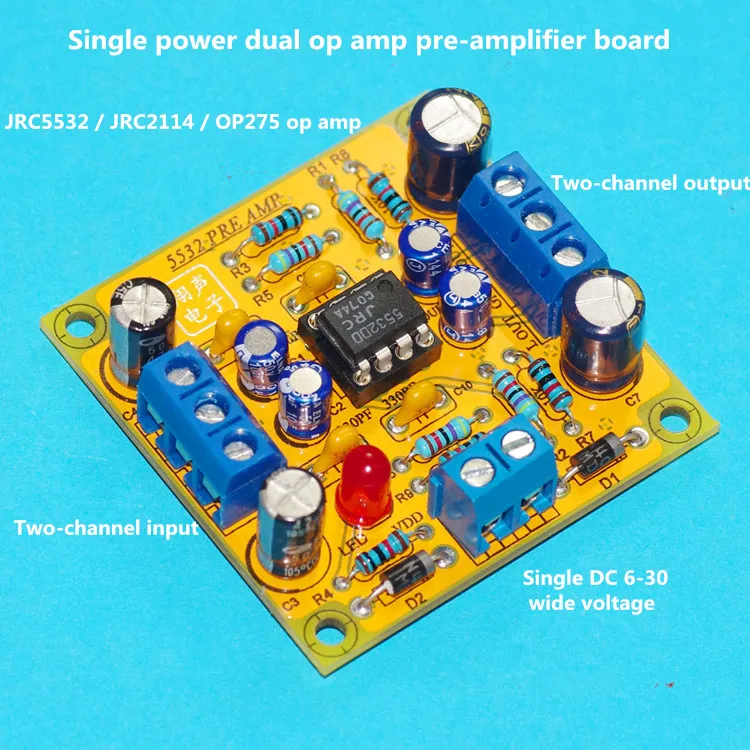 

DC6-30V JRC5532DD / JRC2114DD / OP275GP Single power dual op amp pre-amplifier board finished board