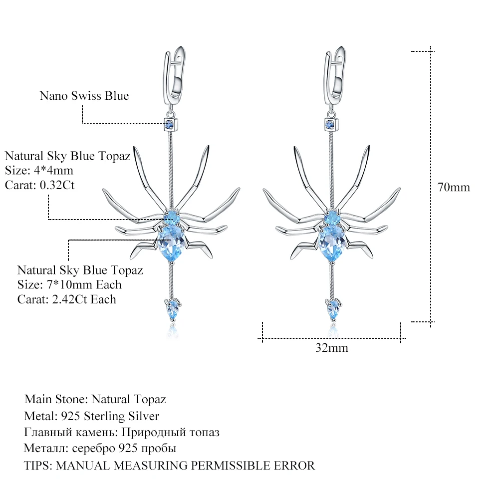 GEM\'S BALLET Natural Sky Blue Topaz Spider Earrings 925 Sterling Sliver Vintage Gothic Punk Drop Earrings For Women Fine Jewelry