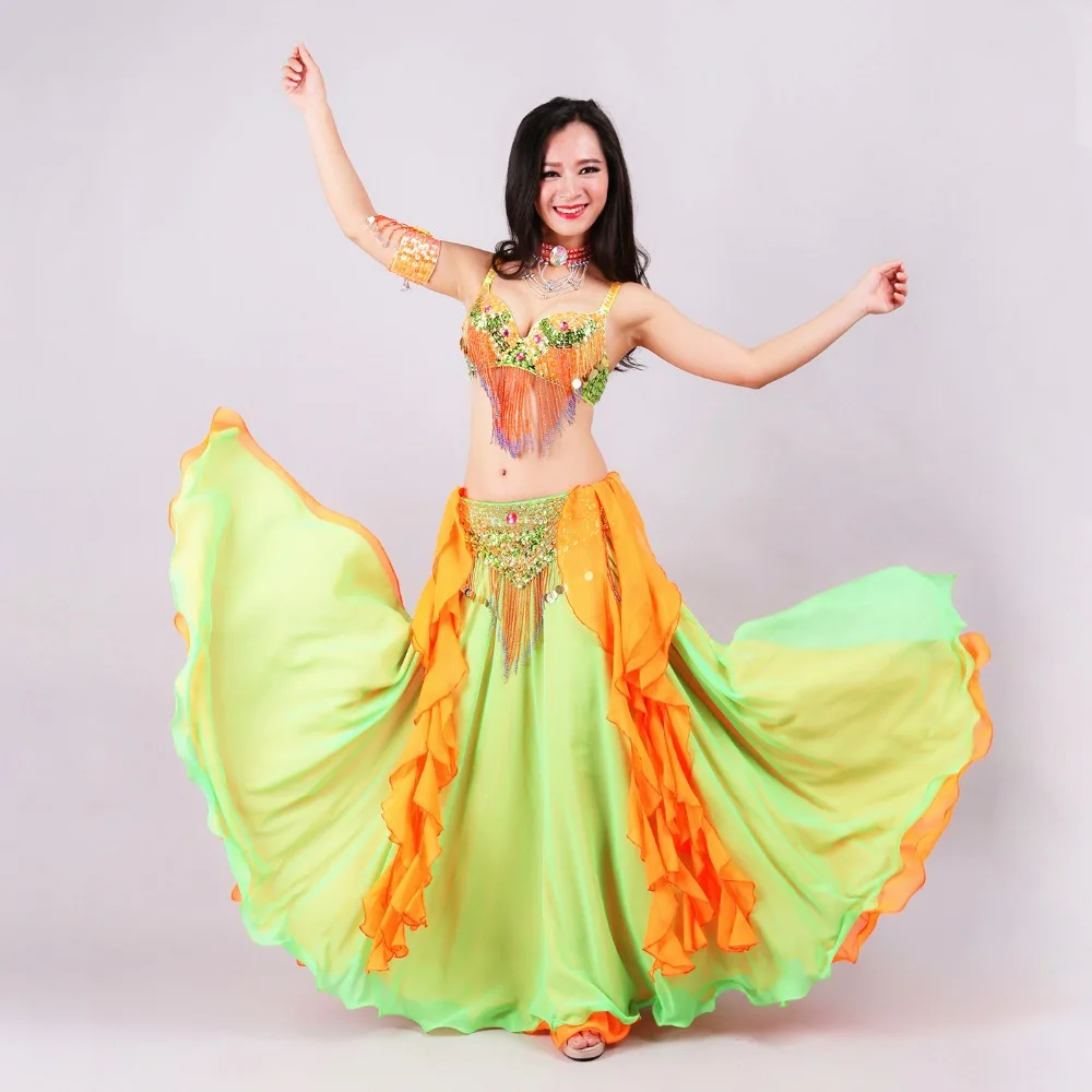 Size S-XL Performance Women Dancewear Professional 3pcs Outfit Bra Belt Skirt Long Oriental Beaded Belly Dance Costume