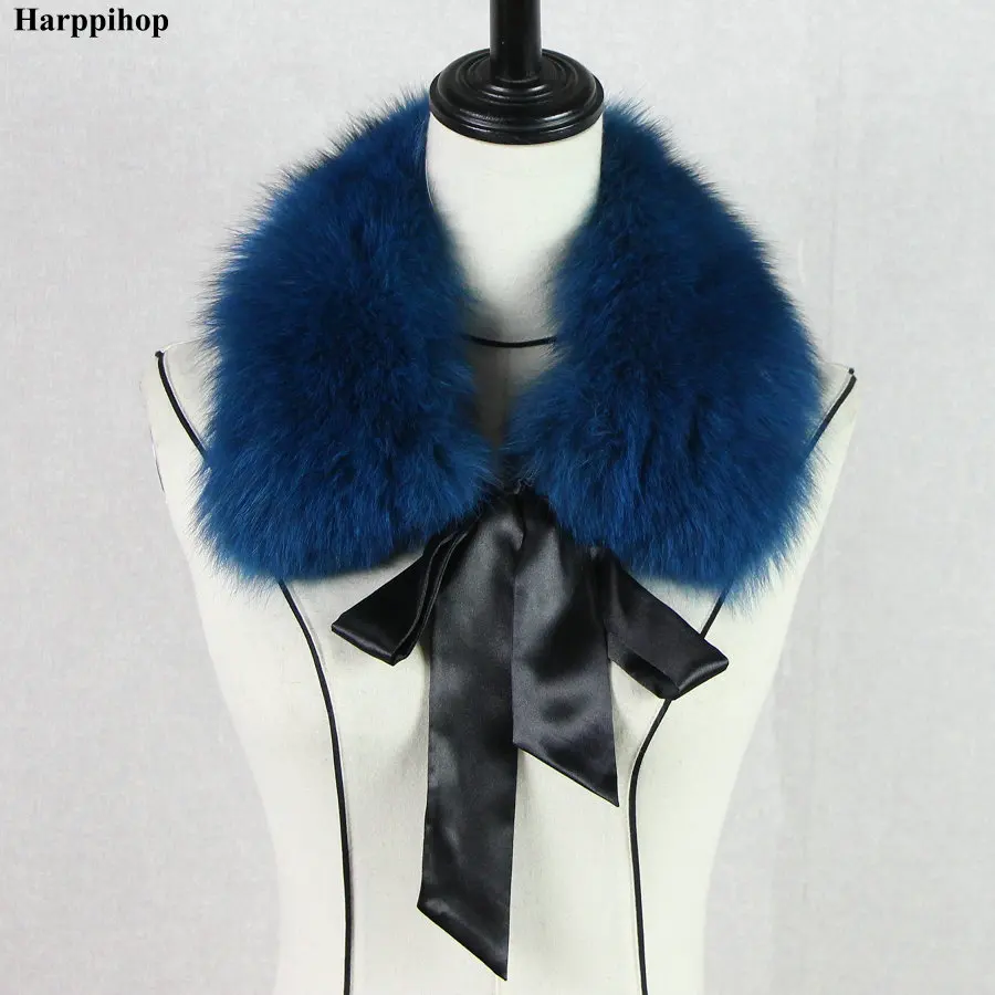 Harppihop*2018 Fashion Fur Scarf Real Raccoon Dog Fur Collars with Ribbon Real Fur Stole for Wool Coats 48CM