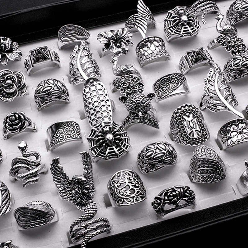 25pcs/lot Mixed Styles Bohemia Animal Rings for Women New Arrival Ancient Silver Plated Hollow Vintage Rings Party Gift