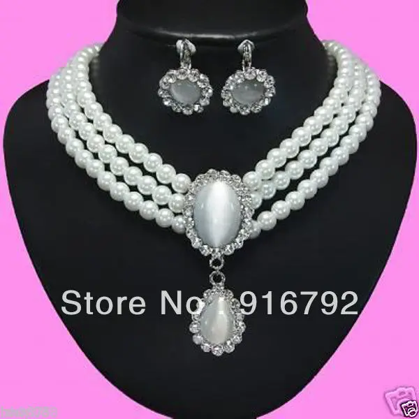 

free P&P *****Beautiful White Opal Pendant 3 Rows Wht Pearl Necklace Earring