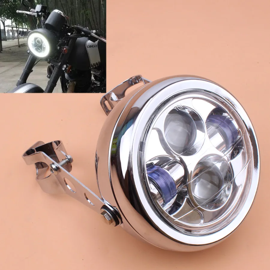 Universal Vintage Motorcycle Headlight Chrome Metal Retro LED 6.3