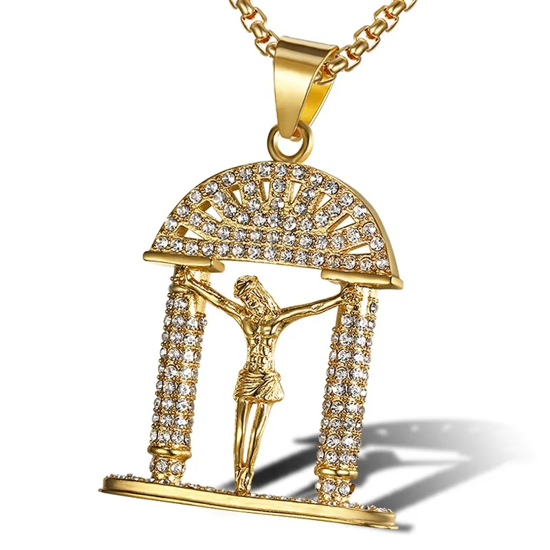 Hip Hop Bling Ice Out Stainless Steel INRI Crucifix Jesus Piece Heaven Gate Pendants Necklaces for Men Rapper Jewelry