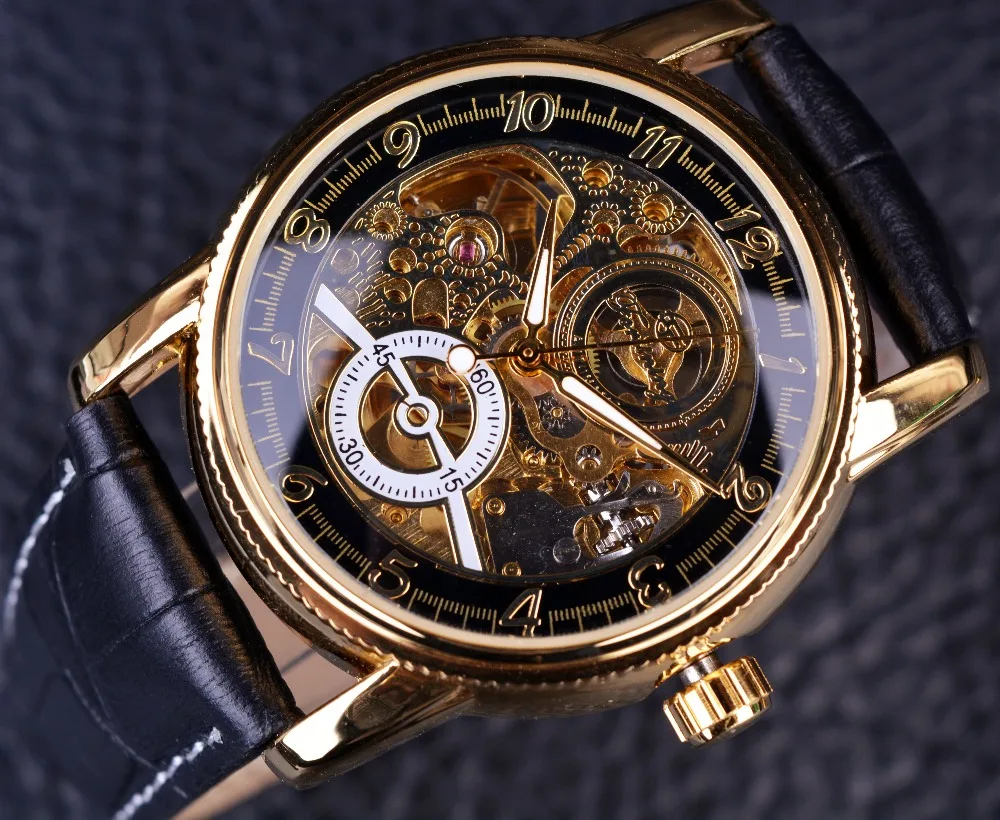 Forsining Classic Hollow Engraving Skeleton Casual Designer Black Golden Gear Bezel Watches Men Luxury Brand Automatic Watches