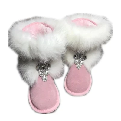 Girl\'s Bling Rhinestone Embellished White Fox Fur Snow Boots Girl\'s Winter Pink Suede Flat Warm Plush Crystal Ankle Boots Shoes