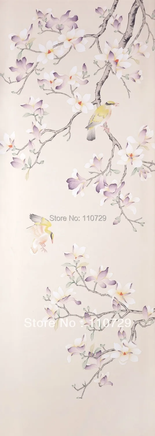 Europe style Hand-painted silk wallpaper HAND PAINTED painting Magnolia with birds silk wallcover sticker many pictures optional