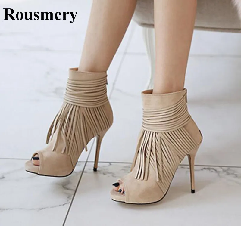 

Women Fashion Open Toe Suede Leather Tassels Ankle High Heel Boots Ankle Wrap Fringes Zipper-up Short Boots Gladiator Boots